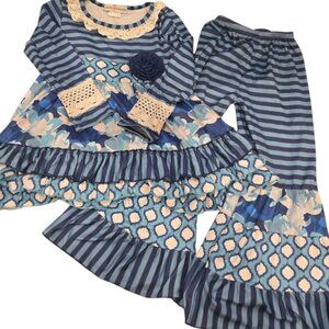 Adorable Sweetness Blue Floral & Striped Ruffle Dress & Leggings Set - Size 6